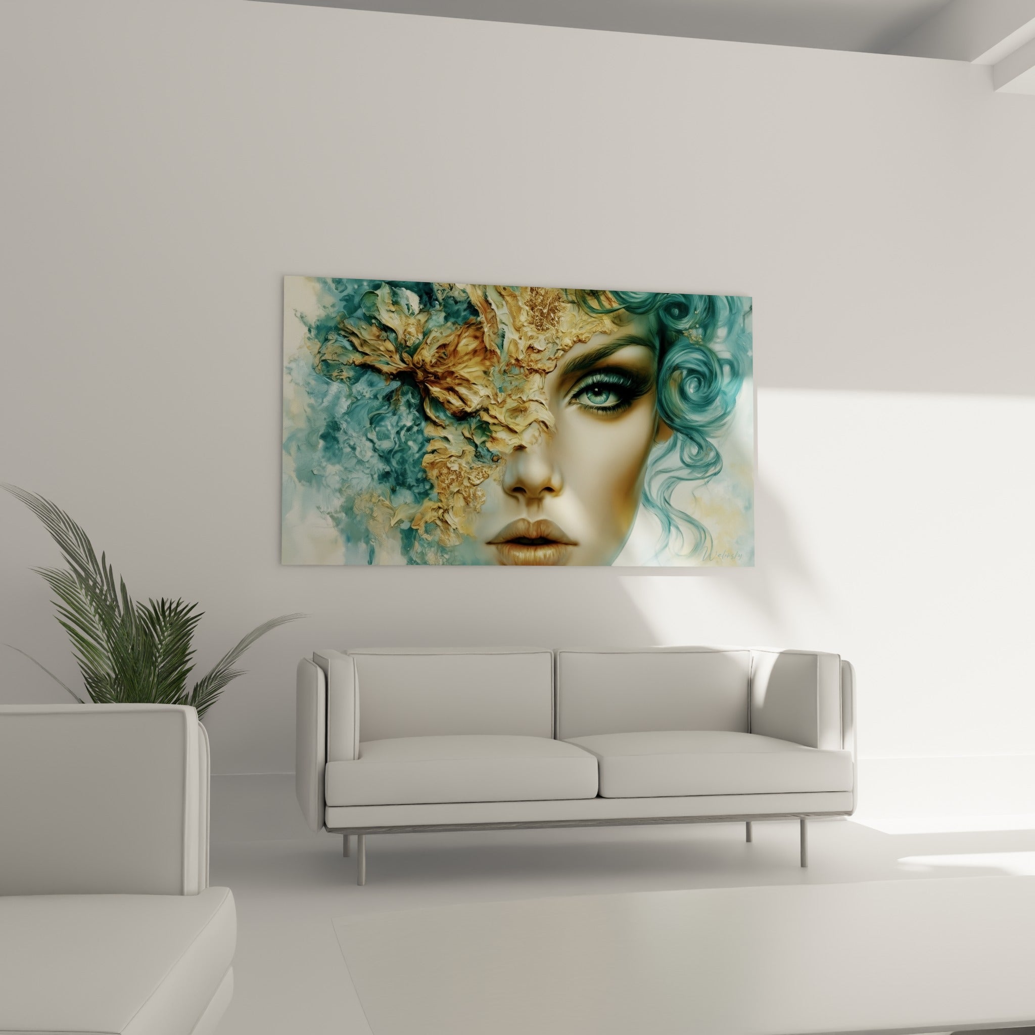 Femme au regard turquoise et chevelure bleu-vert, suspendue au-dessus d'un canapé dans un salon lumineux