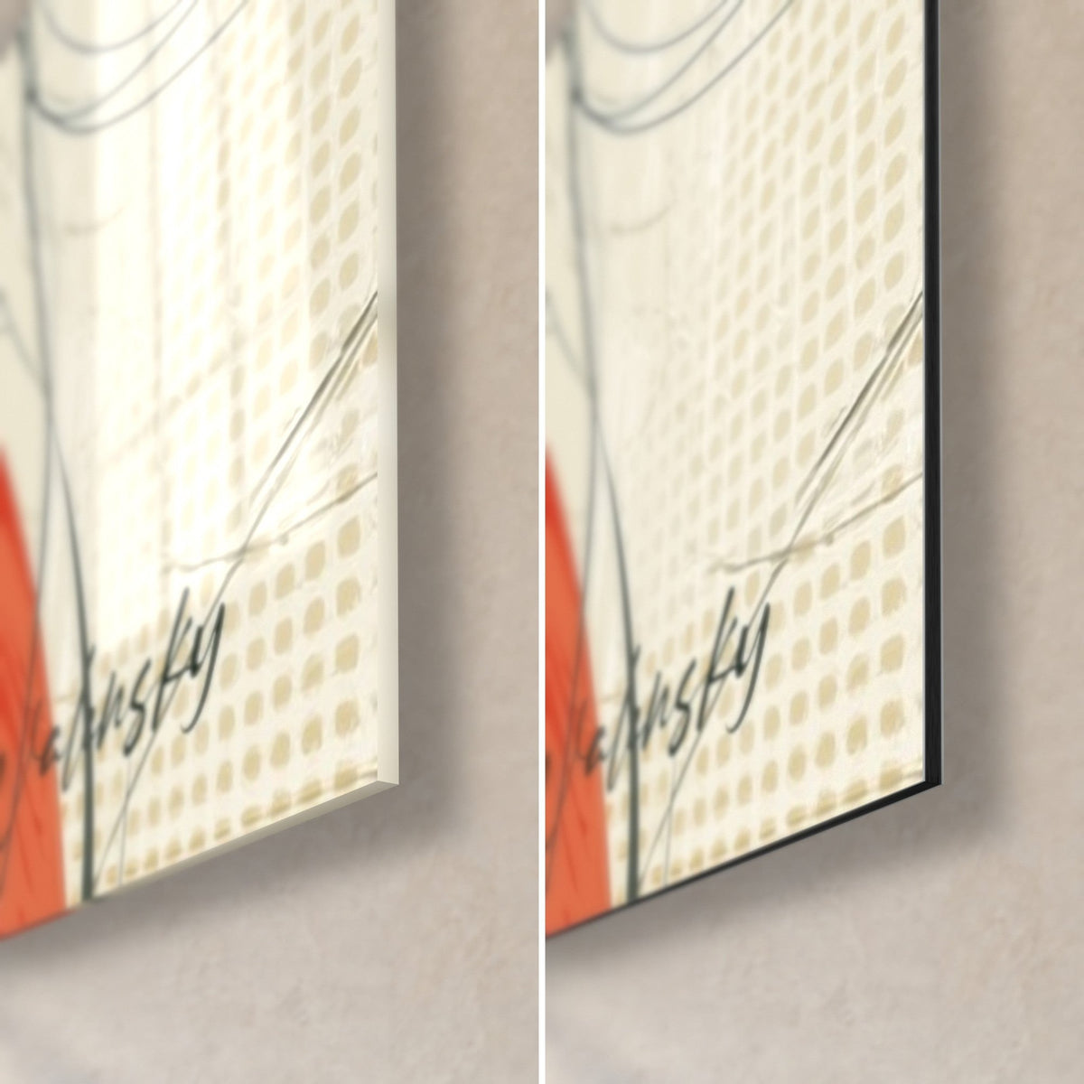 Wall art stylized red and yellow figure, Walensky signature, bottom right corner in glossy acrylic glass and matte black Dibond aluminium
