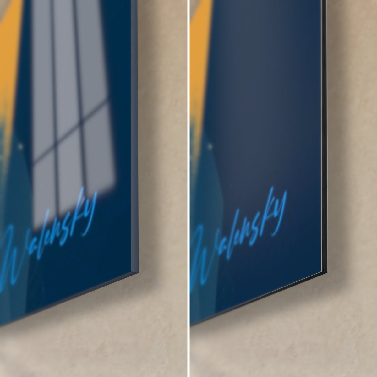 Wall art effigy in midnight blue and ochre, bottom right corner: glossy acrylic glass on the left, matte Dibond aluminium on the right, 3 mm edge