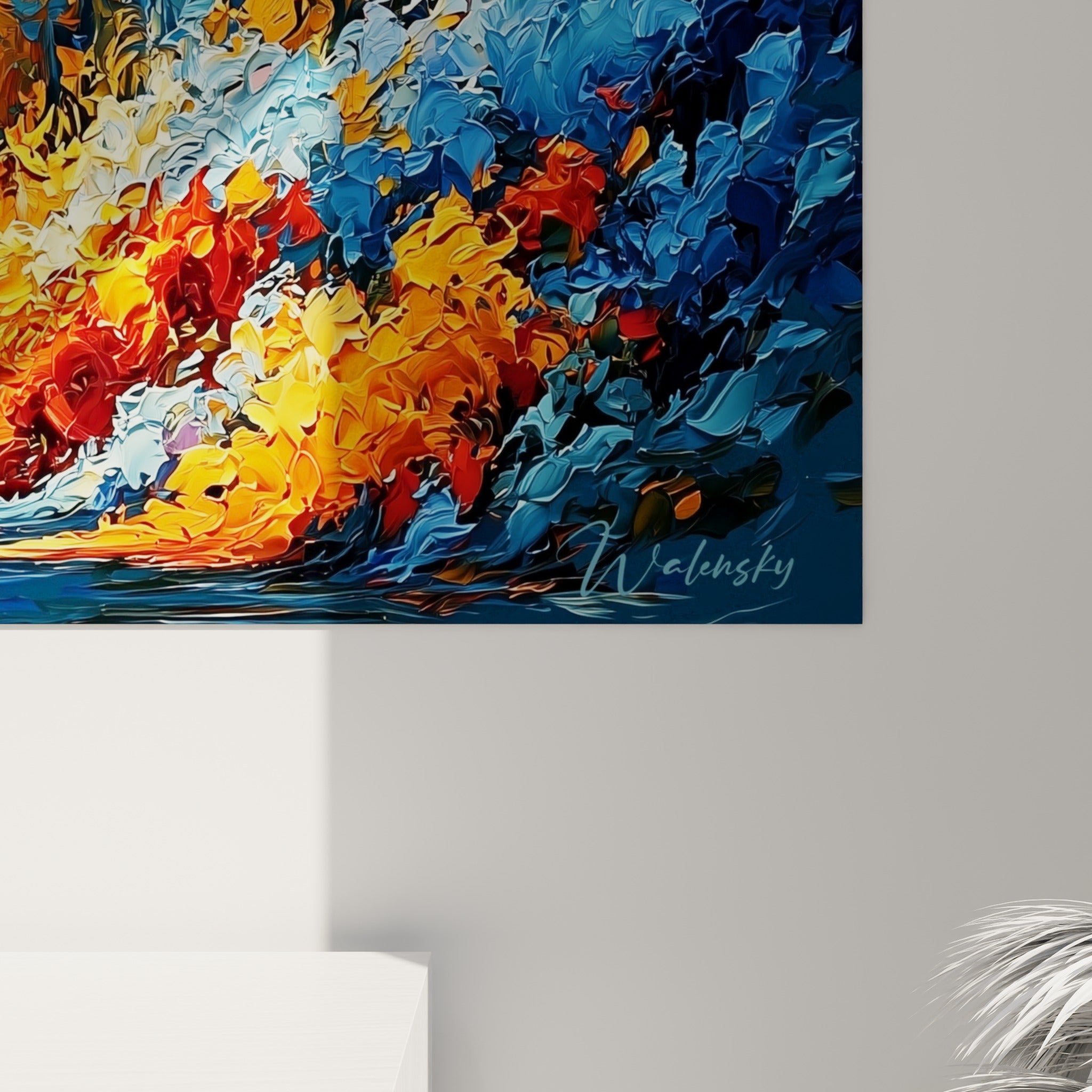 Empâtements épais mêlant bleu marine, orange doré et touches noires, matière texturée d'un visage abstrait peint au couteau