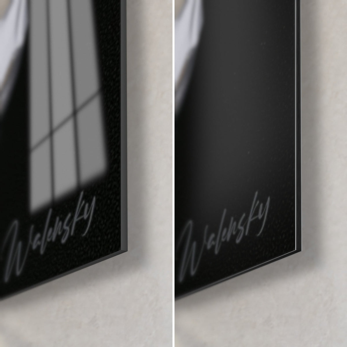 Gemälde Porträt in Gold und Schwarz, untere rechte Ecke: glänzendes Acrylglas links, matt gebürstetes Dibond rechts, 3 mm Kante
