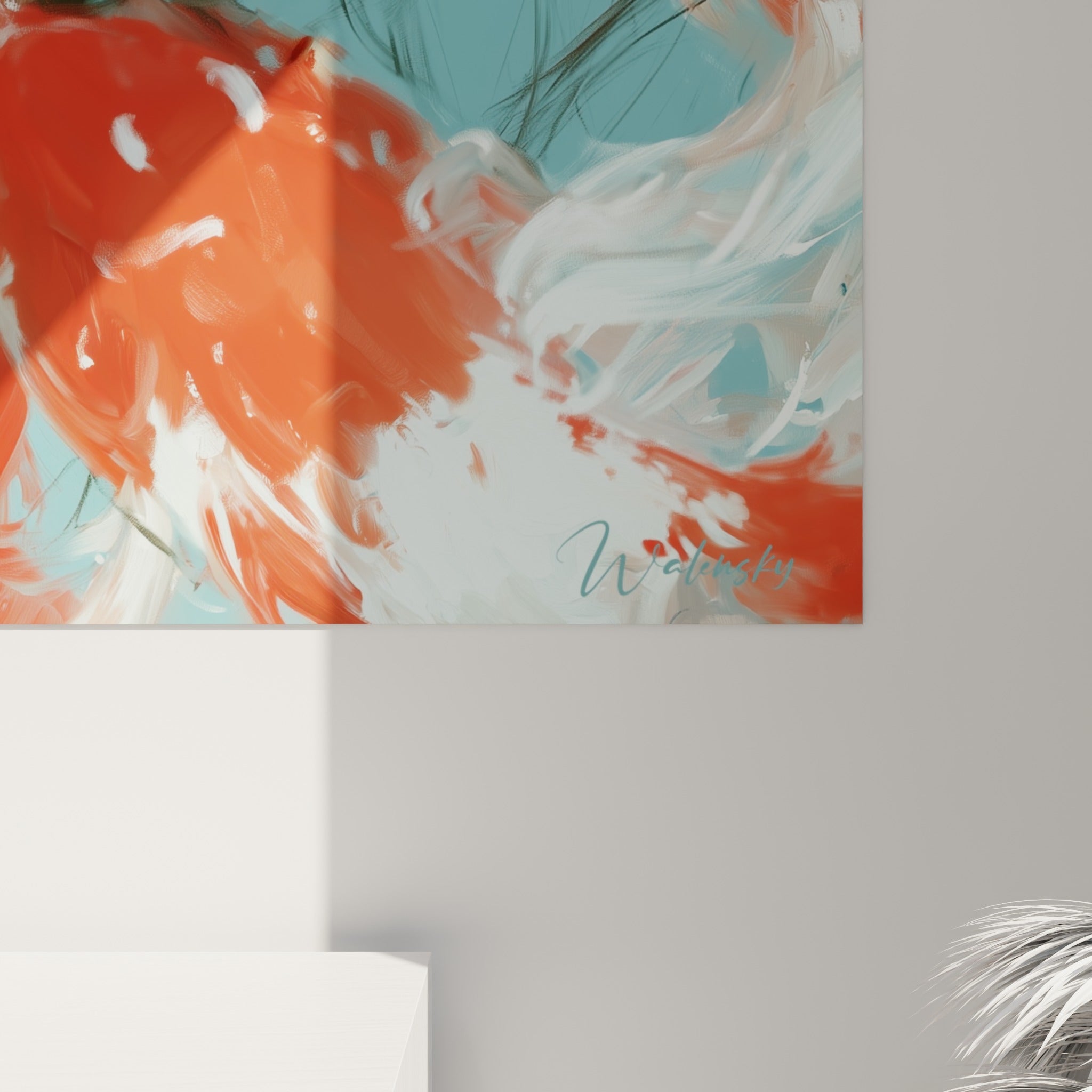 Empâtements et coulures visibles sur les écailles orange des poissons koï, matière picturale du tableau visage abstrait