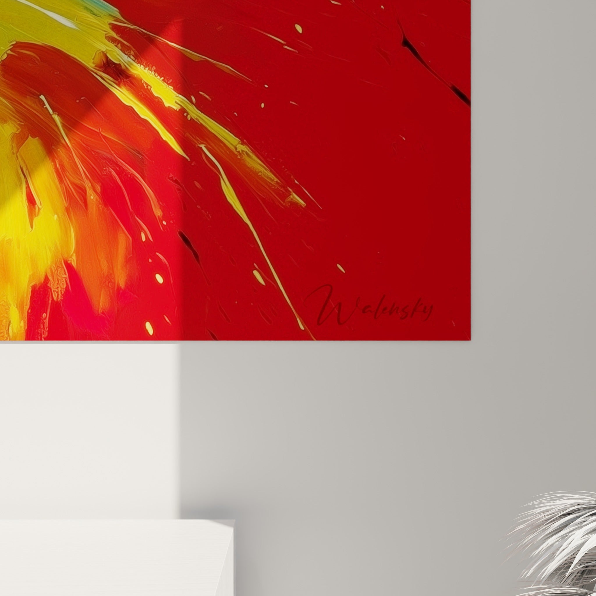 Empâtements de peinture rouge et jaune se mêlant en gros relief, matière dense et coulures visibles sur la toile