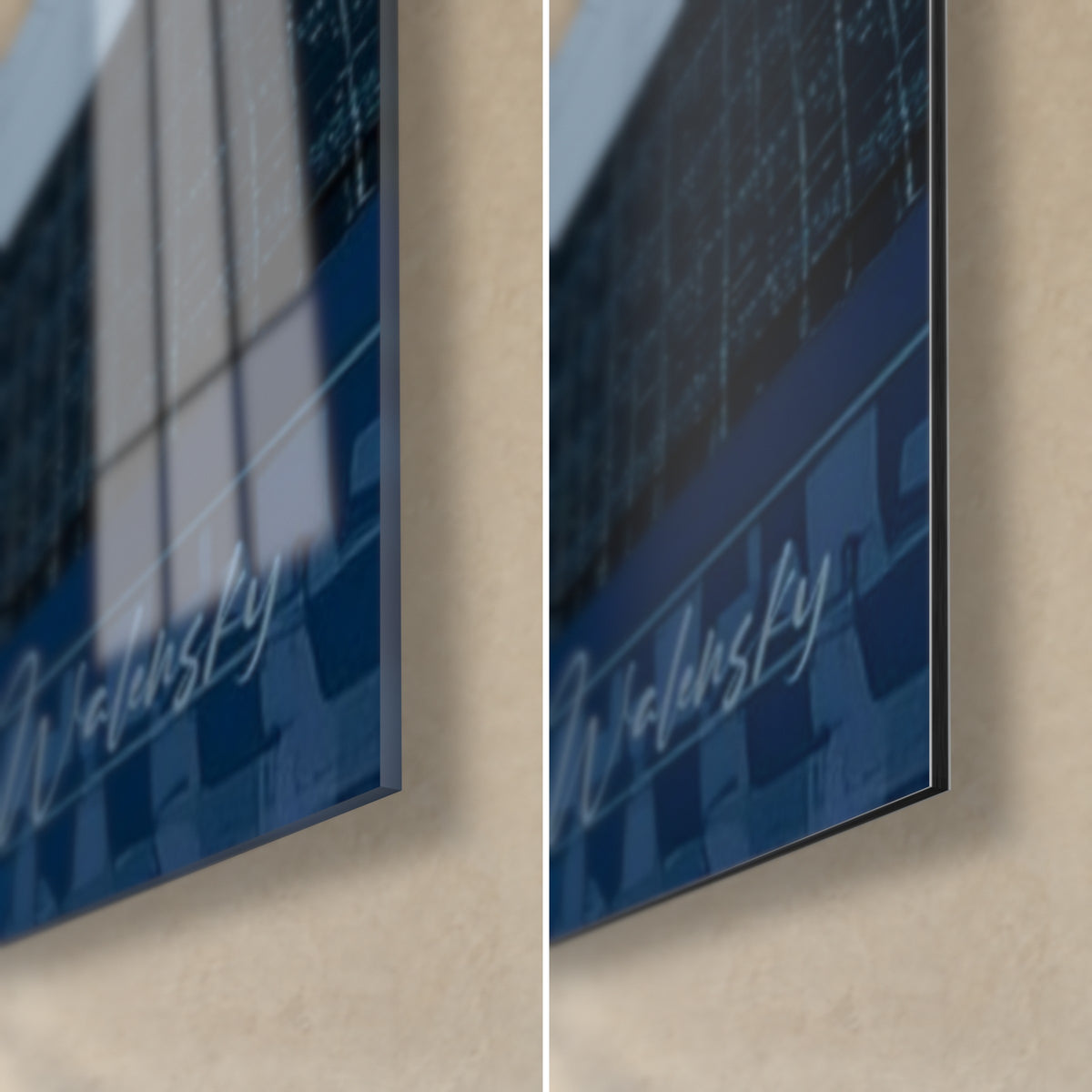 Tableau visage stylisé, coin bas droit en verre acrylique brillant et alu Dibond mat, tranche de 3 mm, bleu marine et signature
