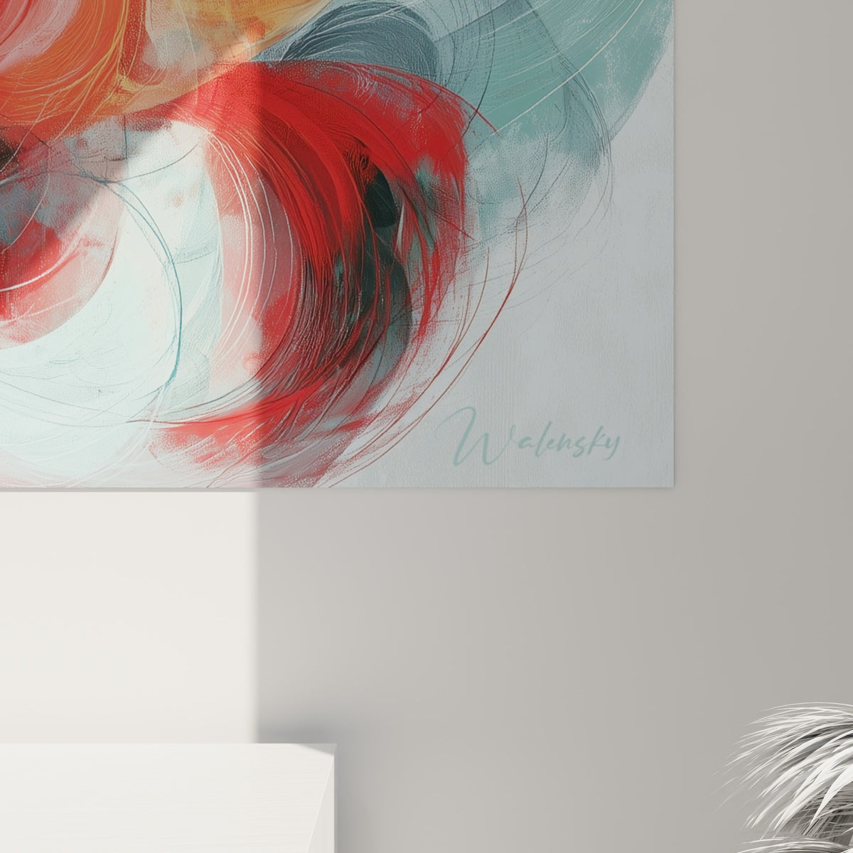 Empâtements et coulures visibles sur le visage abstrait, où le rouge vermillon et le gris anthracite se fondent en surface