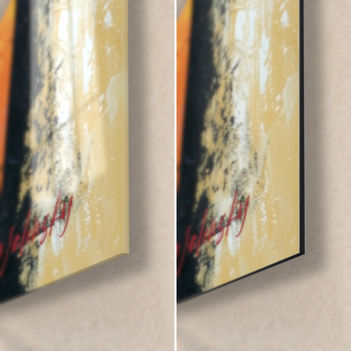 Quadro volto astratto grigio con cerchi ocra, angolo in basso a destra: vetro acrilico lucido a sinistra, alluminio Dibond opaco a destra, spessore 3 mm