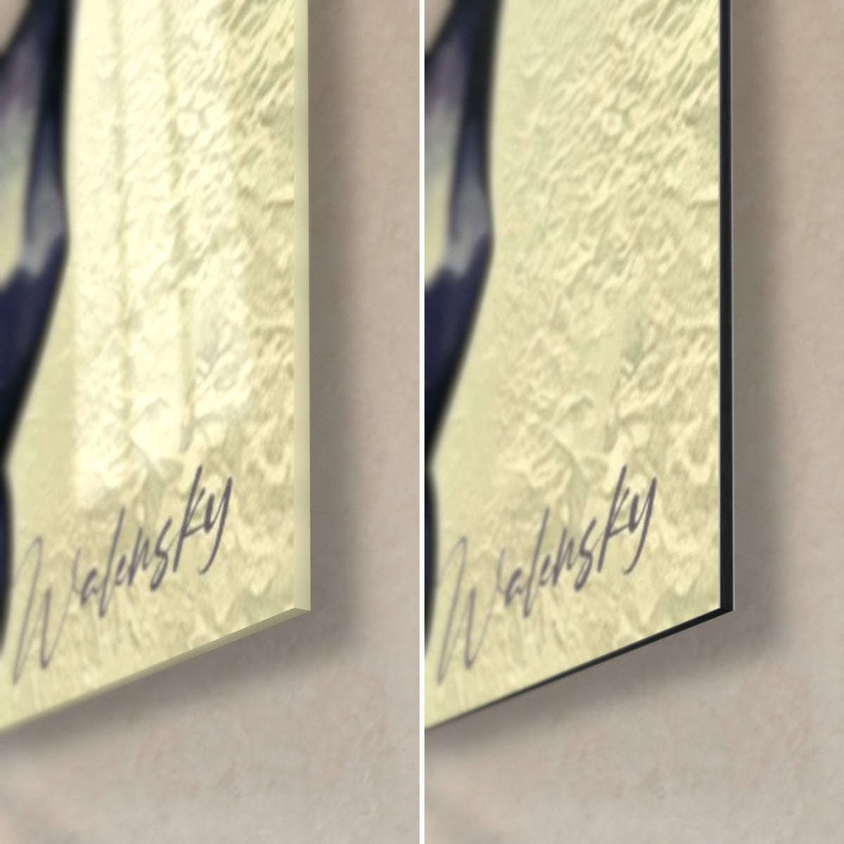 Cuadro perfil con pestañas oscuras y fondo crema brillante, firma Walensky, canto de 3 mm, cristal brillante a la izquierda, Dibond mate a la derecha
