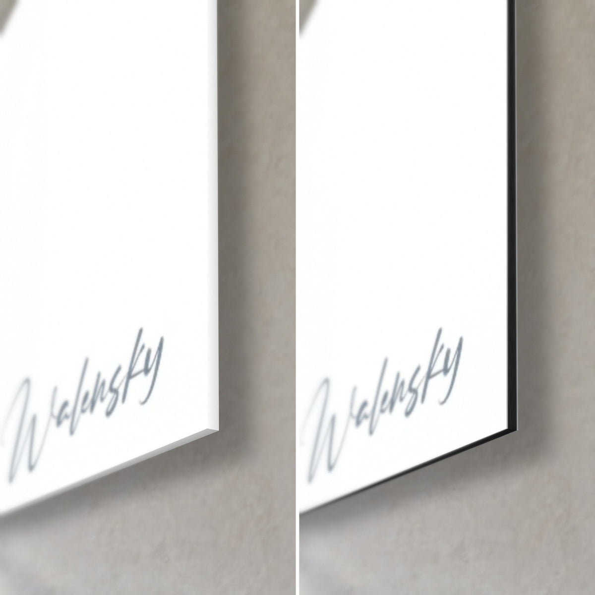 Wall art female profile in black ink, bottom right corner: glossy acrylic glass on the left, matte grey Dibond on the right, 3 mm edge