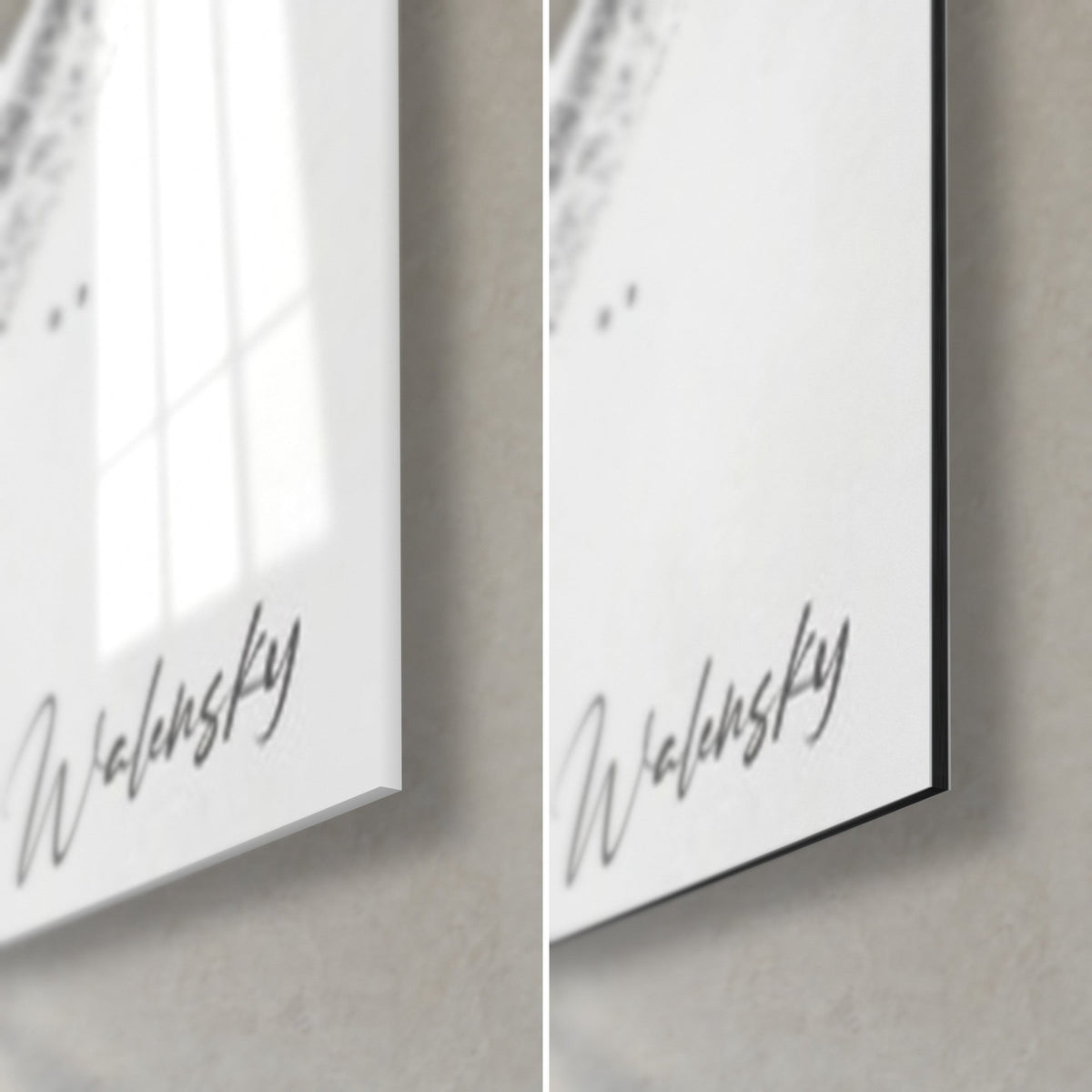 Wall art profile with chin raised, grey Walensky signature, glossy glass lower right corner and matte black Dibond, 3 mm edge