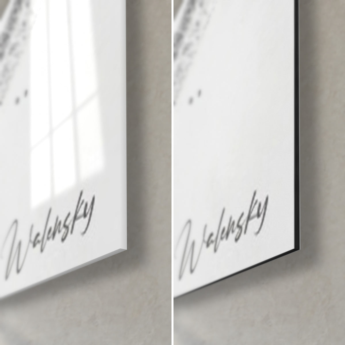Schilderij profiel met opgeheven kin, grijze Walensky-handtekening, glanzende glazen hoek rechtsonder en matzwart Dibond, rand van 3 mm