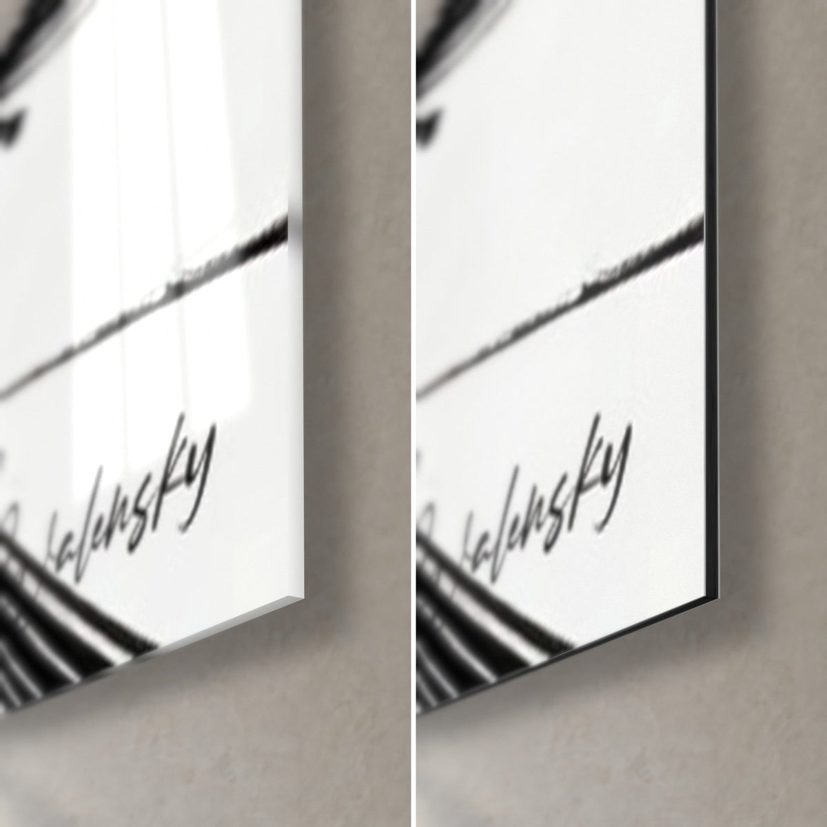 Wall art woman's profile in black and white ink, handwritten signature at the bottom right corner, glossy glass reflecting and matte Dibond, 3 mm edge