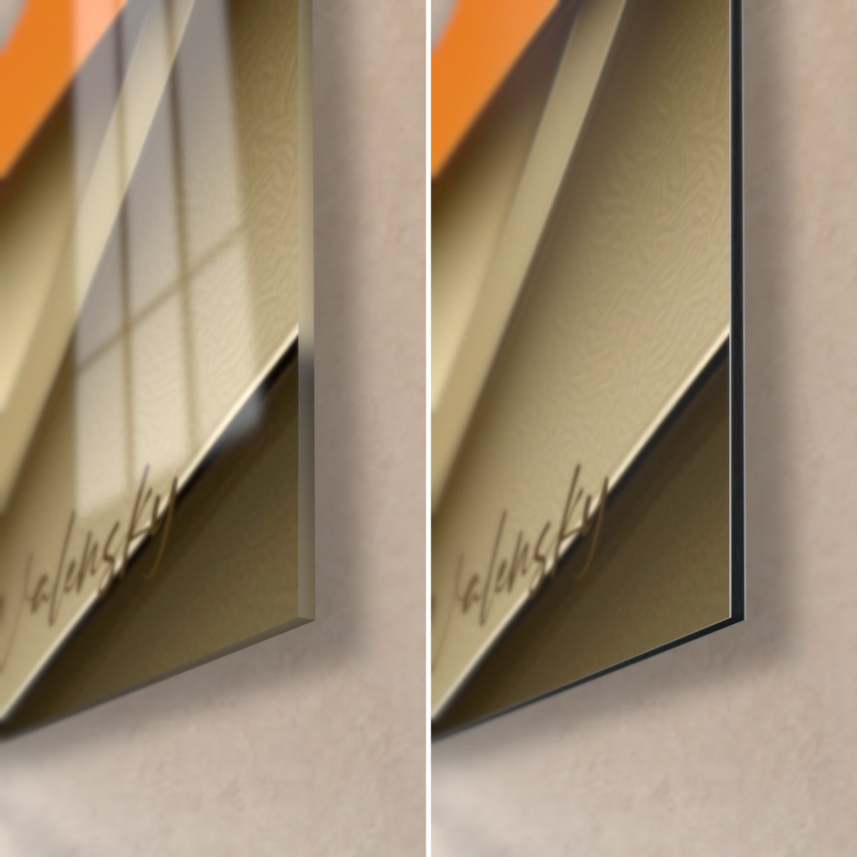 Wall art abstract female profile, bottom right corner: glossy glass with reflections on the left, matte beige Dibond and 3 mm edge on the right