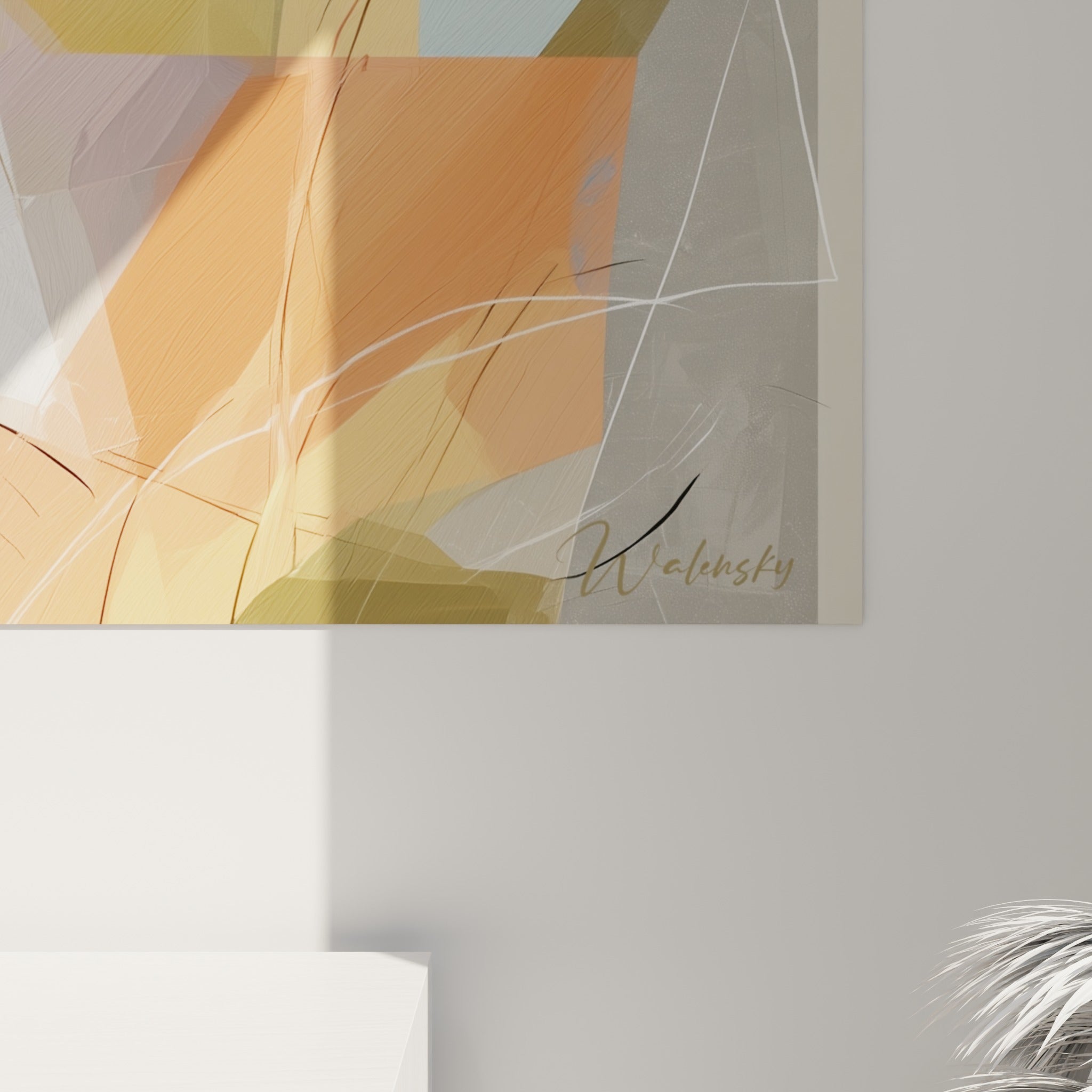 Détail des triangles ocre et bleu pastel du Visage abstrait, texture peinte et lignes blanches fines visibles