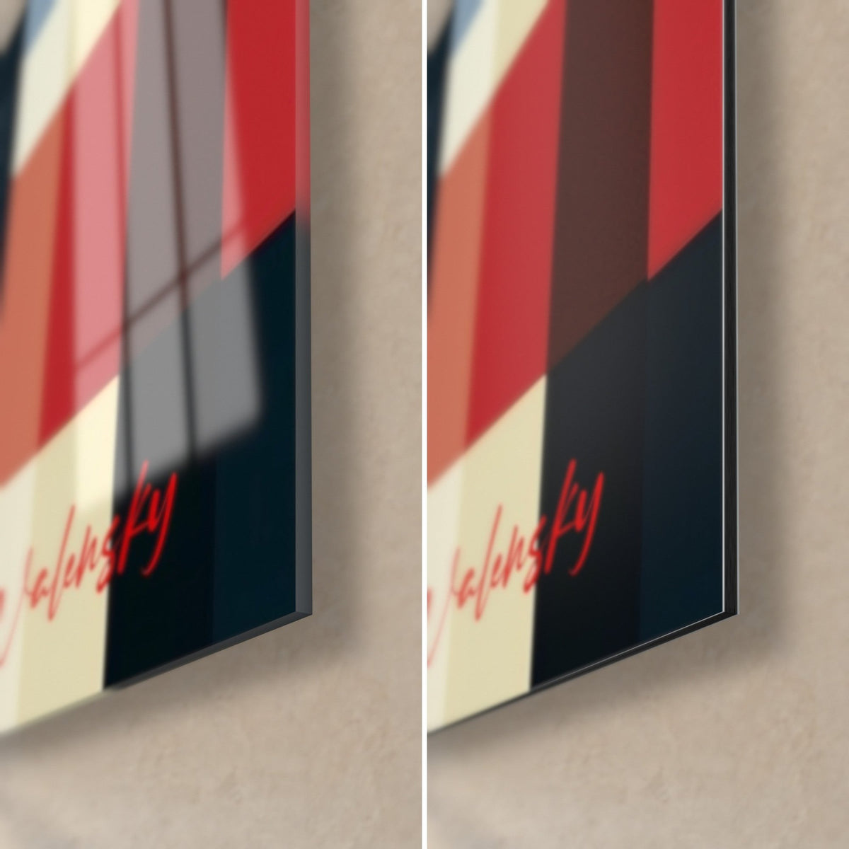 Wall art with an abstract face, Walensky signature in red on midnight blue and ivory at the bottom right, glossy glass on the left, matte Dibond on the right