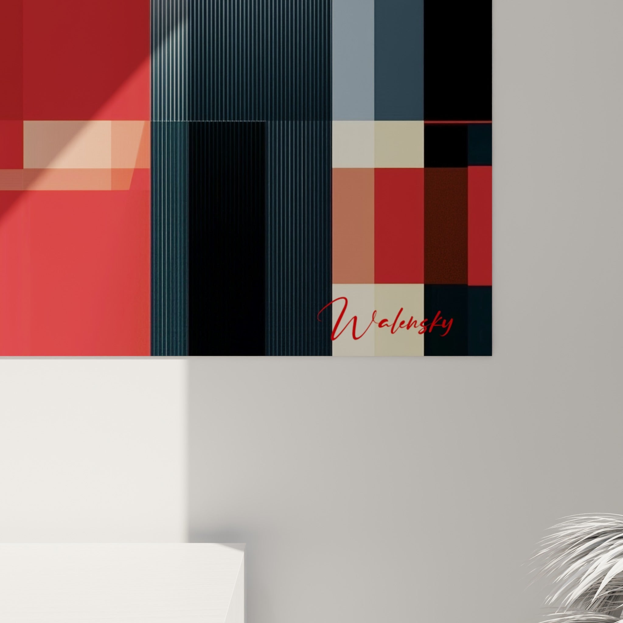 Grain et lignes verticales fines sur le rouge profond et le crème de ce Visage abstrait accroché au mur