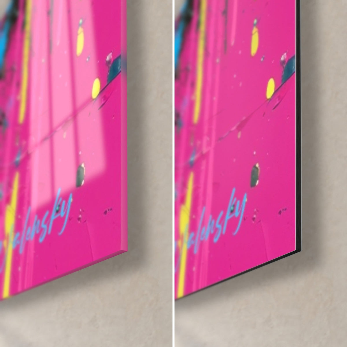 Gemälde azurblaues Auge auf leuchtend rosa Hintergrund, untere rechte Ecke: glänzendes Glas links, mattes Dibond rechts, 3 mm schwarze Kante