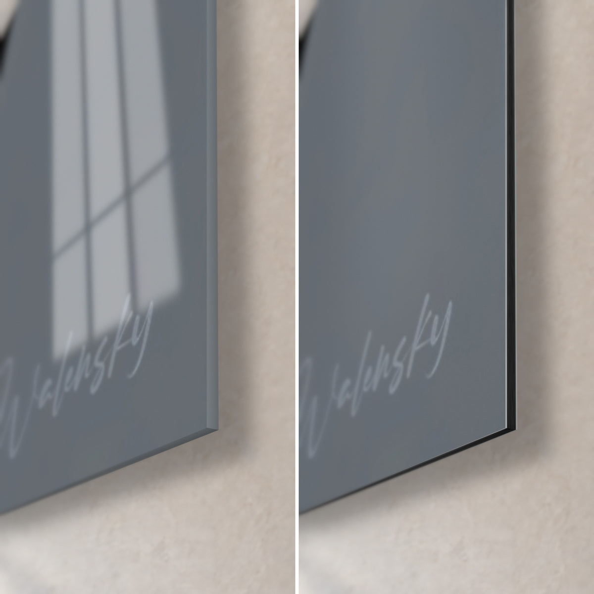 Cuadro rostro negro agrietado de oro, esquina inferior derecha: cristal acrílico brillante con reflejos a la izquierda, aluminio Dibond mate a la derecha, canto de 3 mm