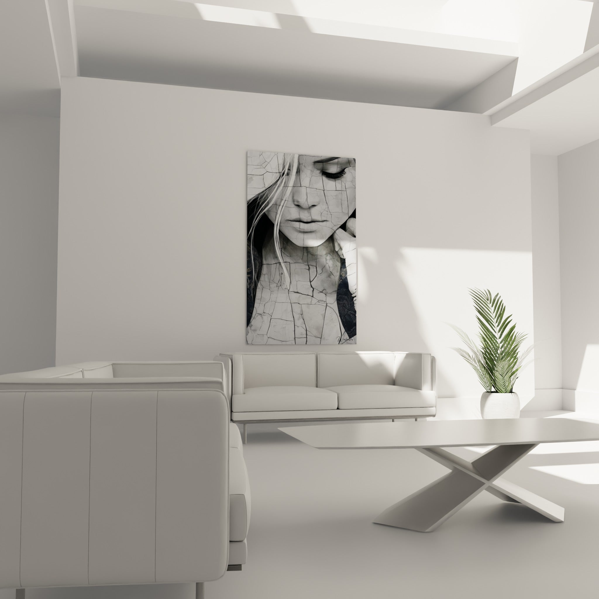 Visage fissuré aux tons blancs et anthracite, œuvre Visage abstrait au-dessus d'un canapé dans un salon lumineux