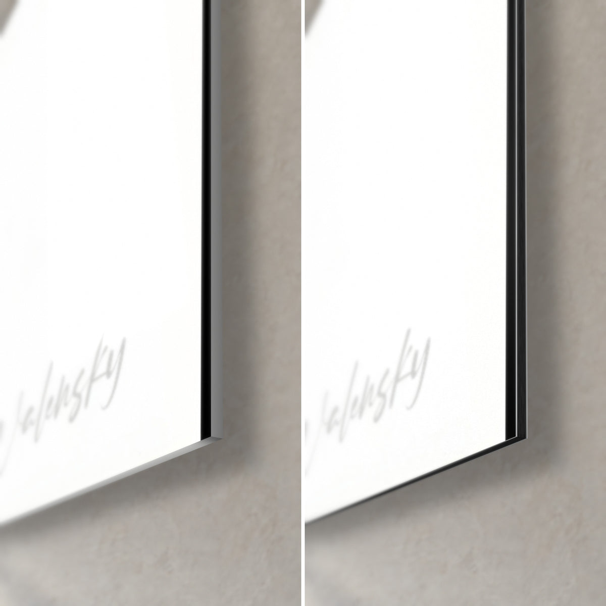 Schilderij grafische portretten in zwart-wit, rechtsonder: glanzend acrylglas links, mat Dibond rechts, 3 mm rand
