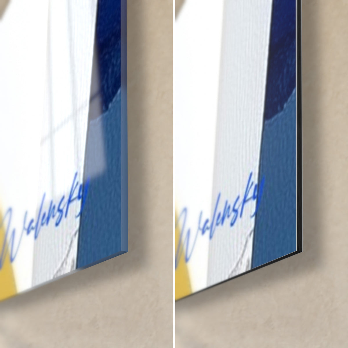 Tableau visage abstrait bleu cobalt et or, coin bas droit, signature Walensky, verre acrylique brillant et Dibond mat, tranche 3 mm