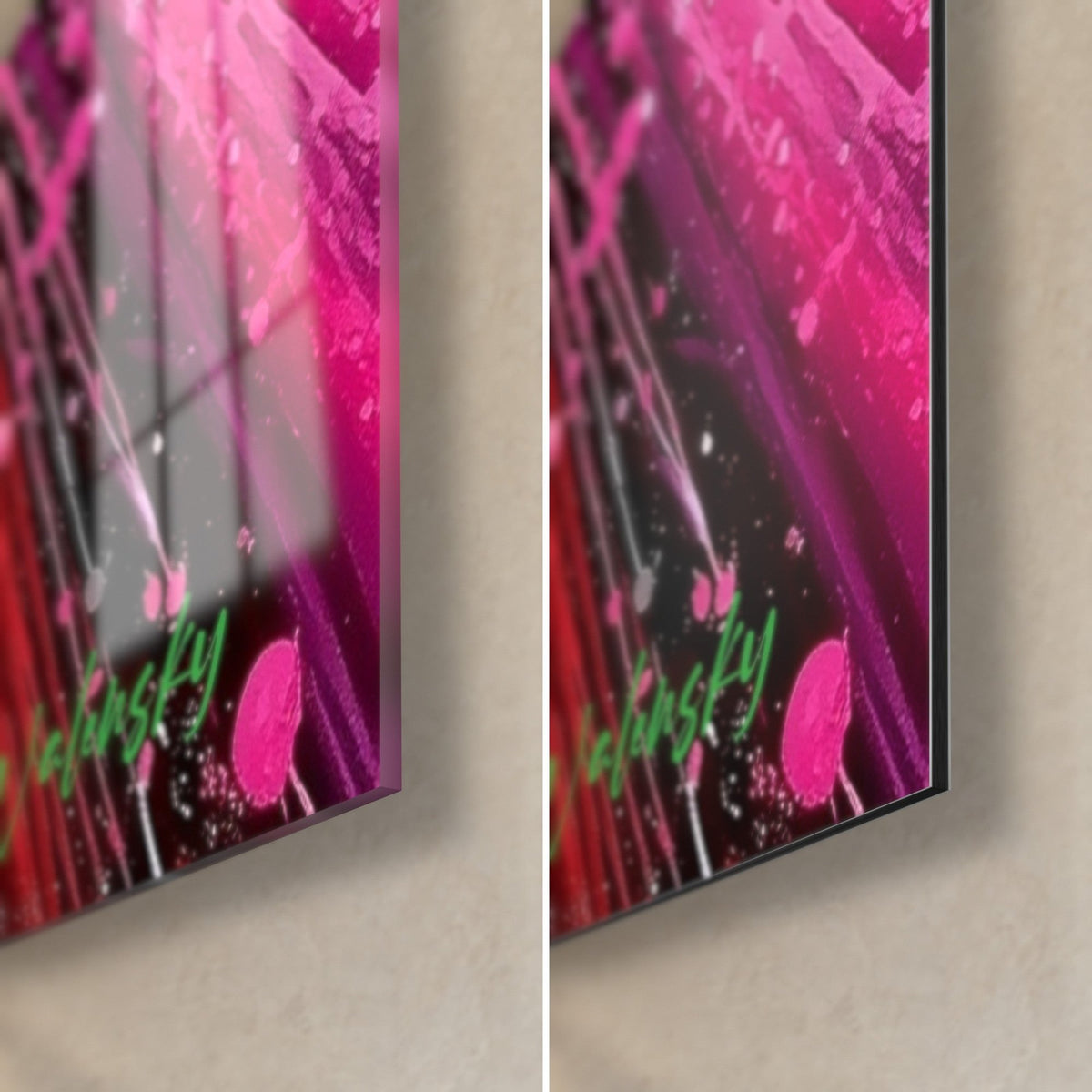 Cuadro ojo con goteos rosas, esquina inferior derecha: cristal acrílico brillante que refleja la estancia, Dibond negro mate, canto de 3 mm