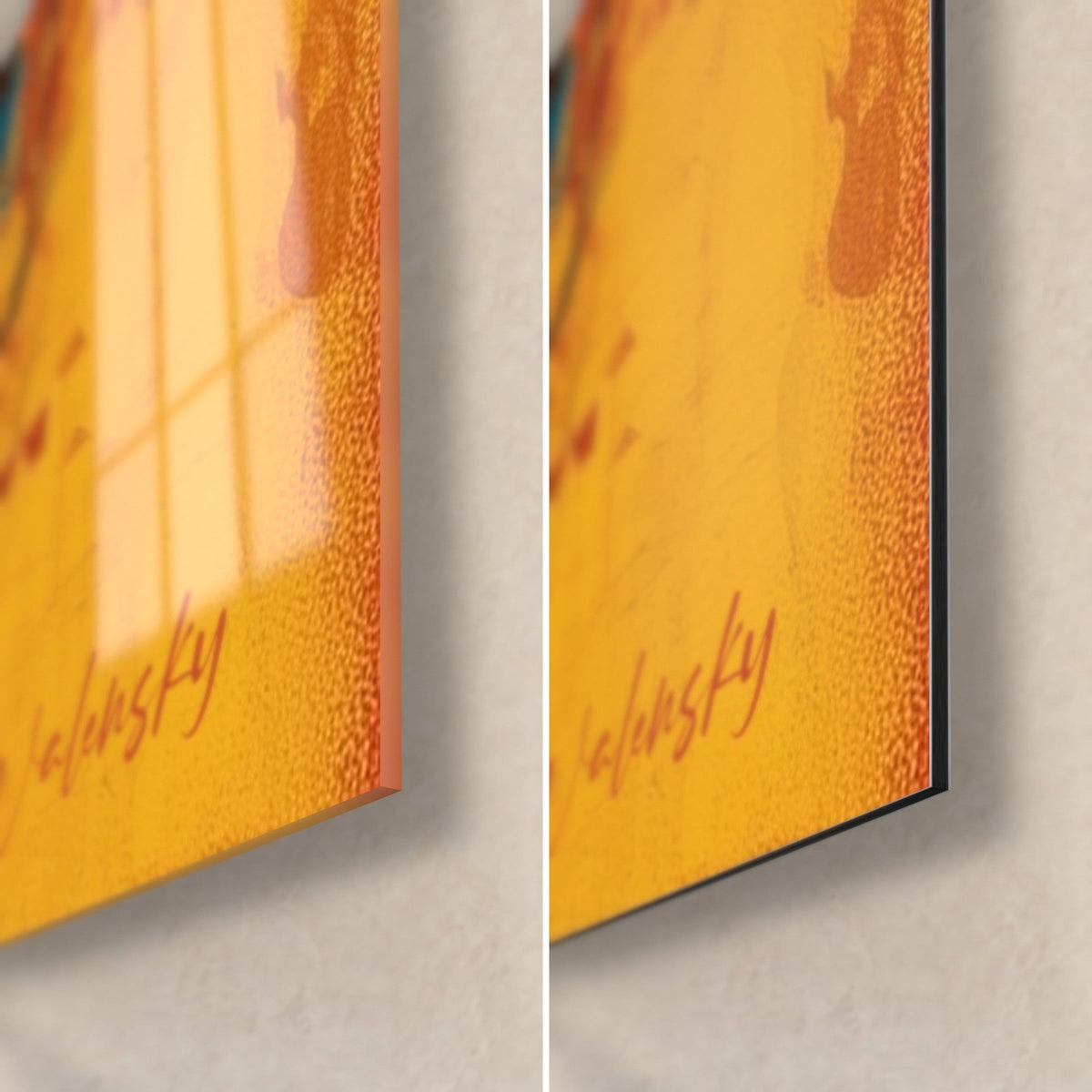 Schilderij rode en mosterdgele druipsels, rechtsonder: glanzend acryl en reflecties, mat zwart Dibond, rand van 3 mm