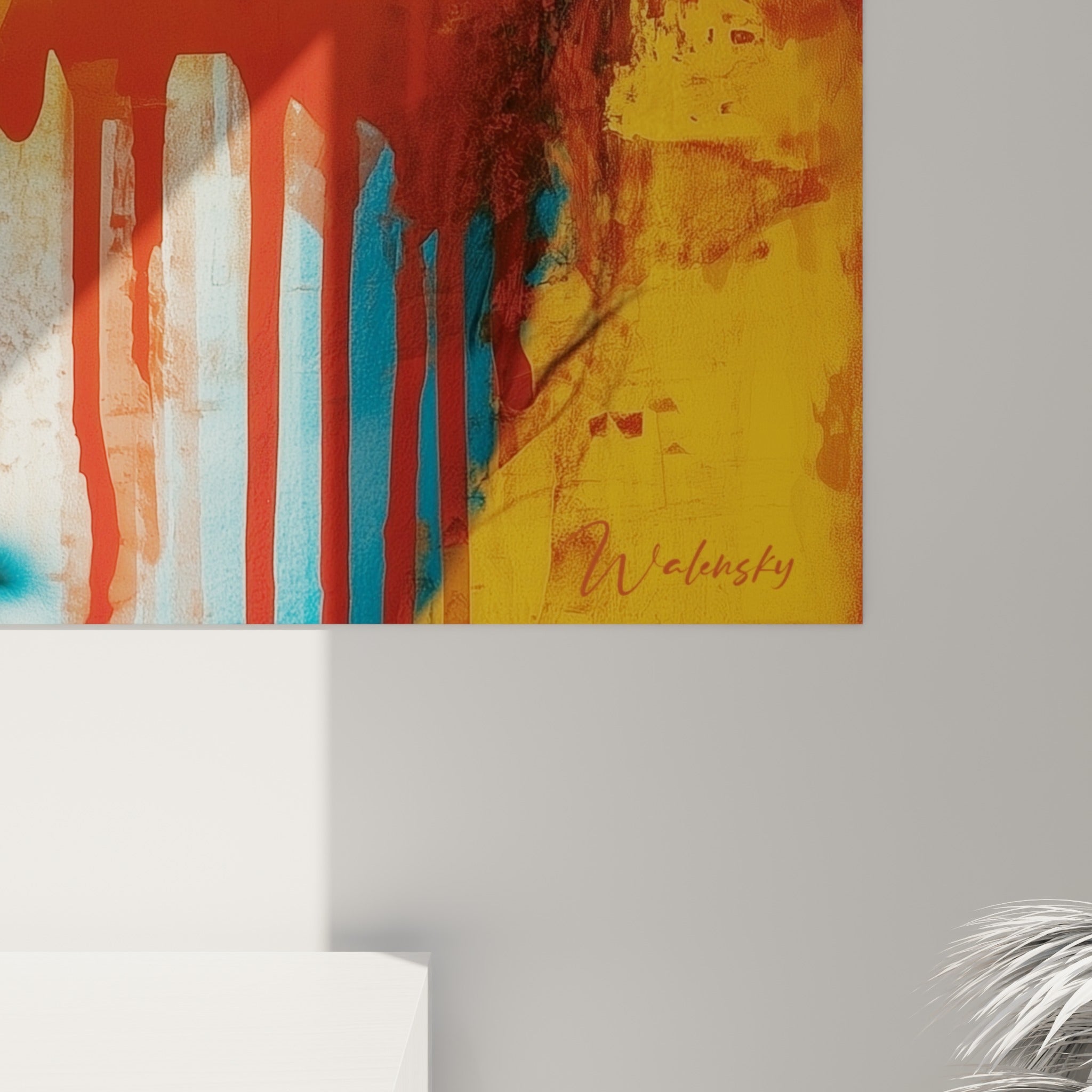 Détail de la matière peinte où le bleu pétrole rencontre l'orange brûlé, coulures rouges et grain visible du visage abstrait