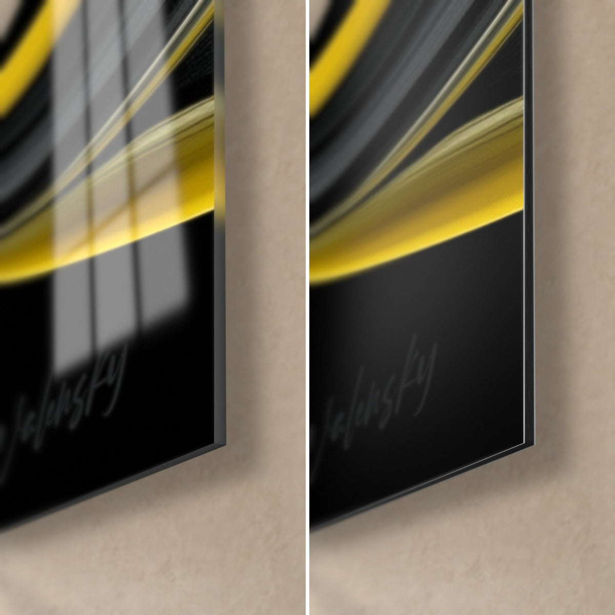 Cuadro rostro pintado en amarillo y negro, esquina inferior derecha: cristal acrílico brillante a la izquierda, Dibond gris mate a la derecha