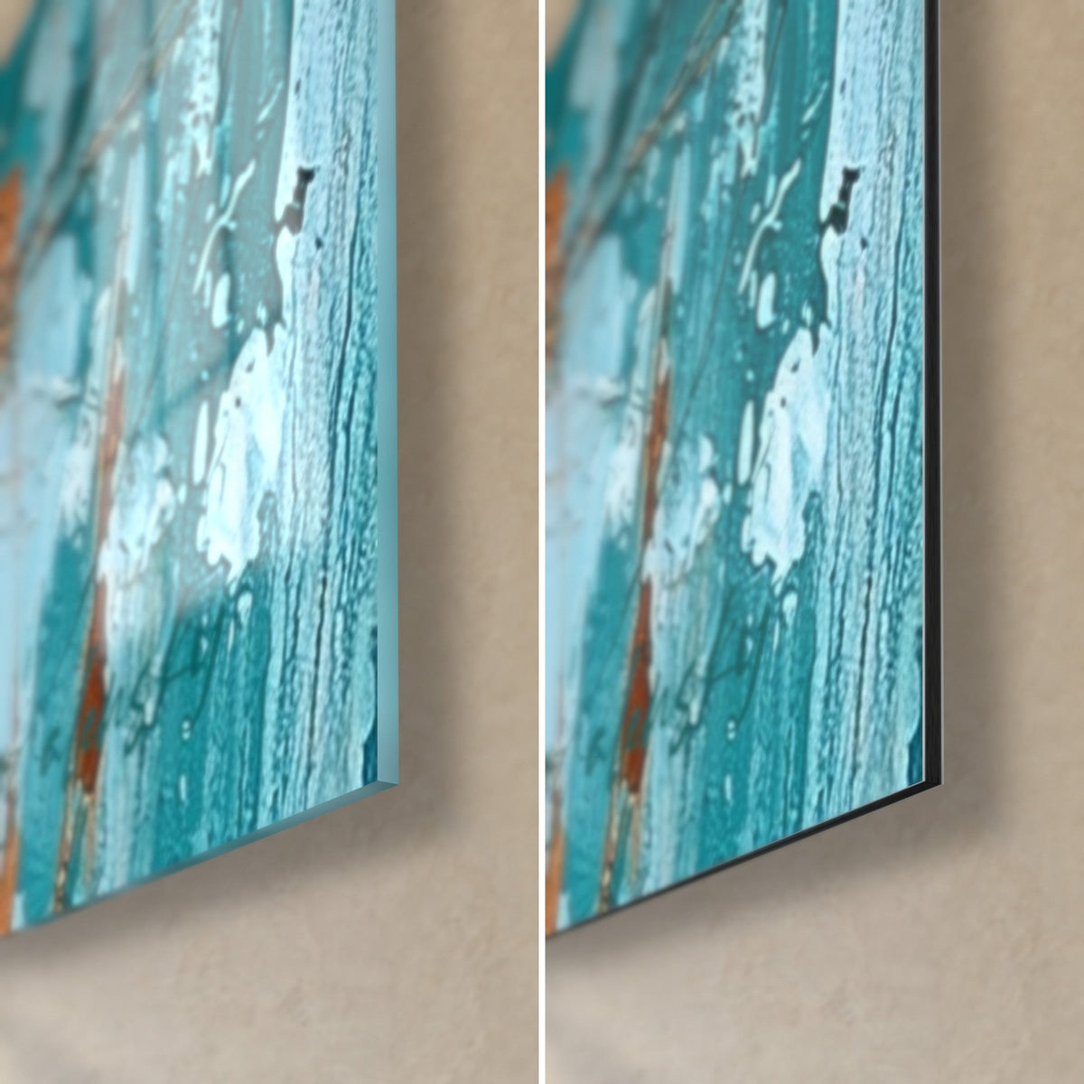 Gemälde Gesicht in Türkis, untere rechte Ecke: glänzendes Acrylglas links, mattschwarzes Dibond rechts, 3 mm Kante