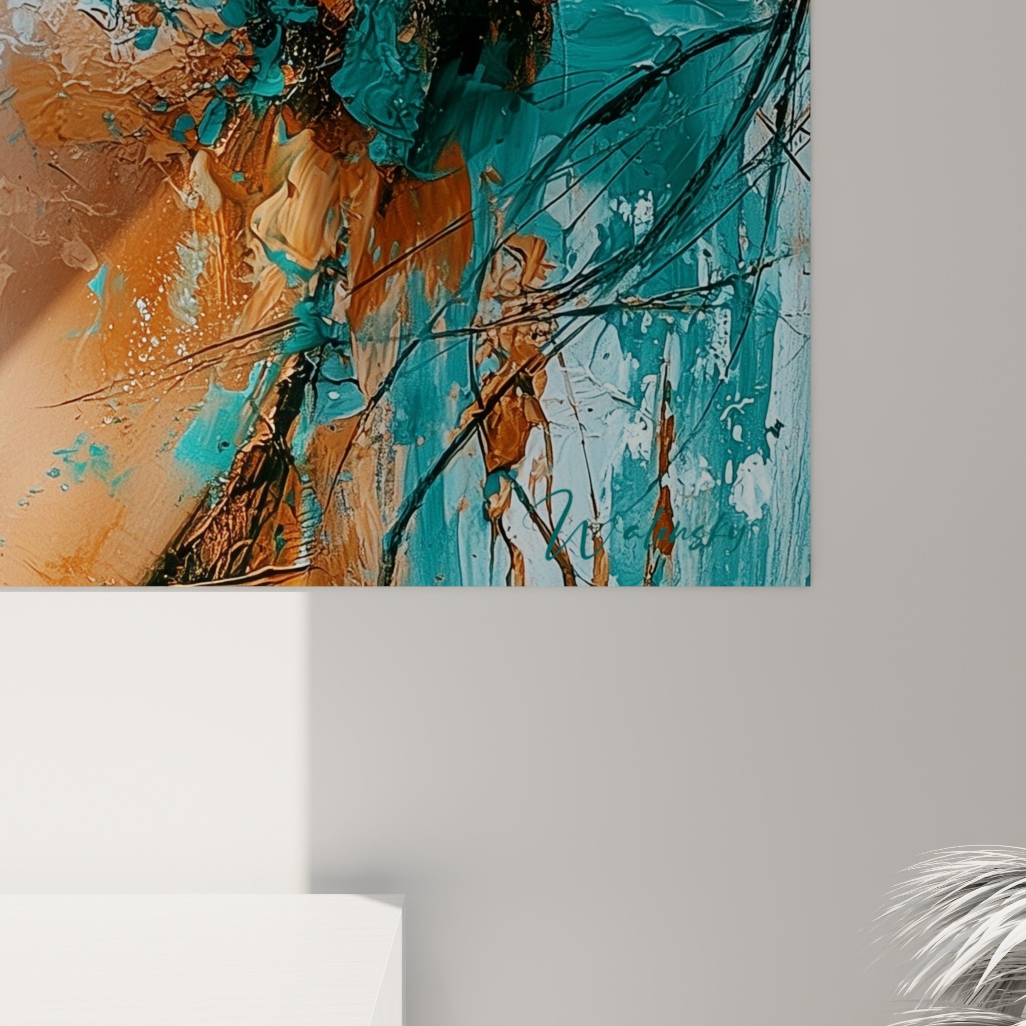 Empâtements de peinture cuivrée et turquoise sur ce Visage abstrait, grain texturé visible en angle rapproché