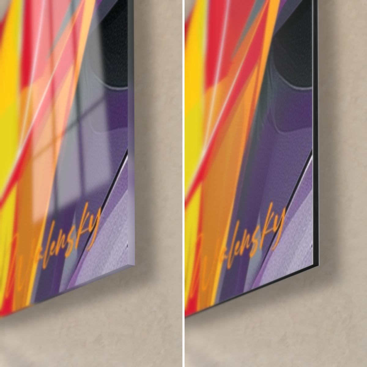 Wall art fractured gaze with red and yellow feathers, bottom right corner, glossy glass on the left, matte Dibond on the right, 3 mm edge