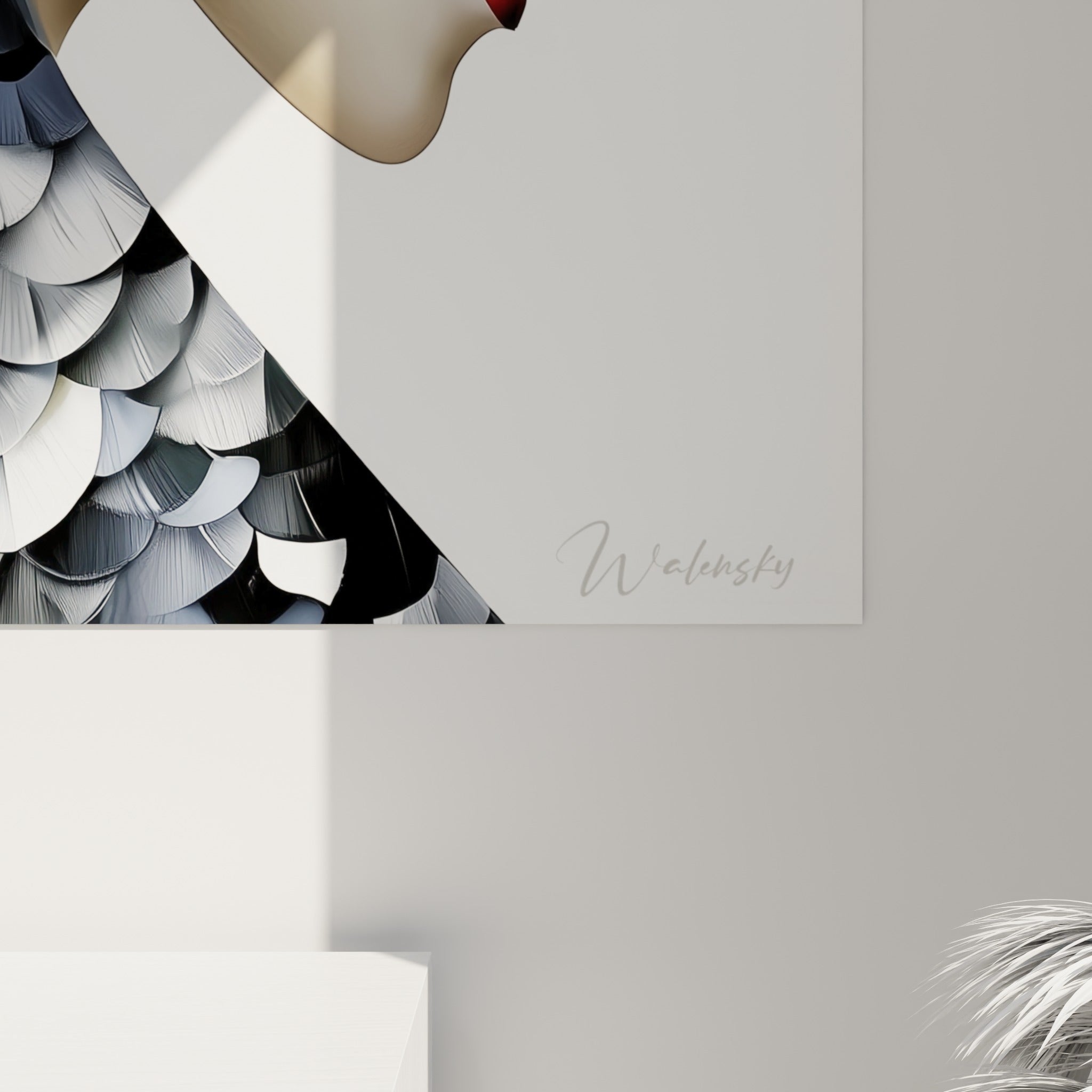 Détail des volutes blanches et rouge profond du Visage abstrait, texture peinte visible en gros plan sur toile