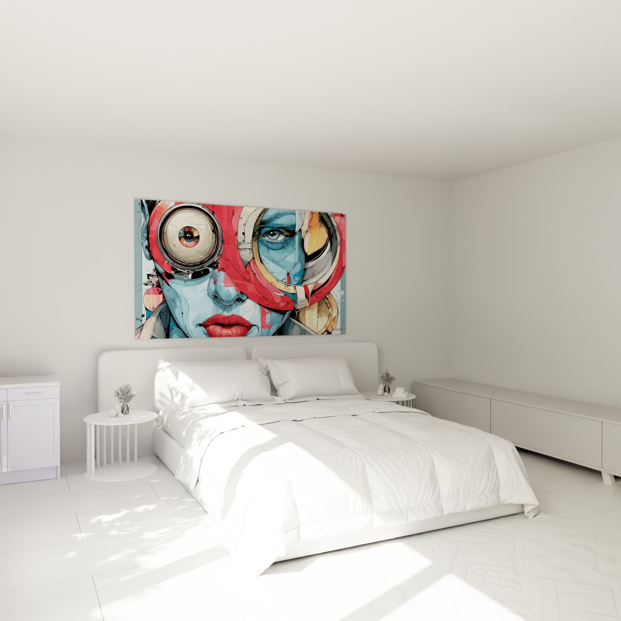 Portrait bleu et rouge à œil mécanique surplombant un lit dans une chambre claire