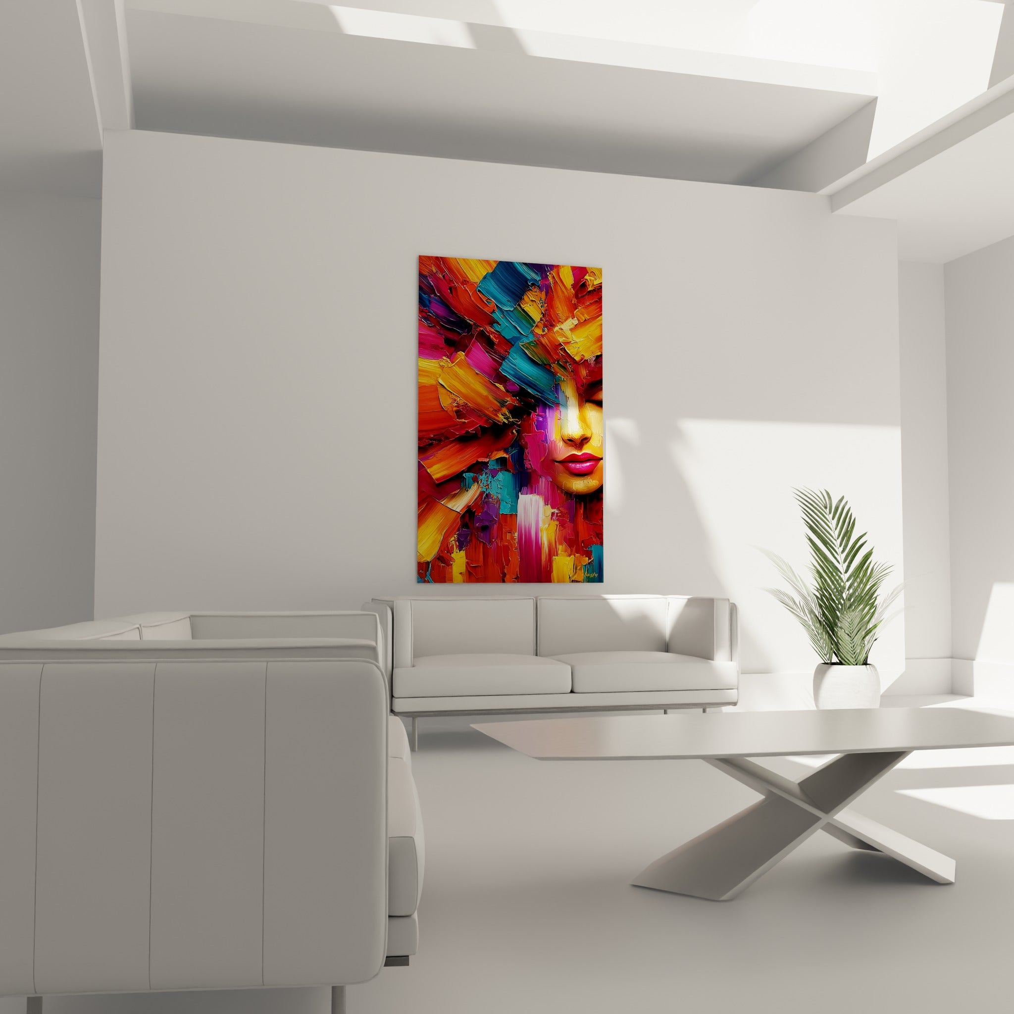 Femme aux yeux fermés dans un tourbillon orange et bleu, suspendue au-dessus d'un canapé dans un salon lumineux