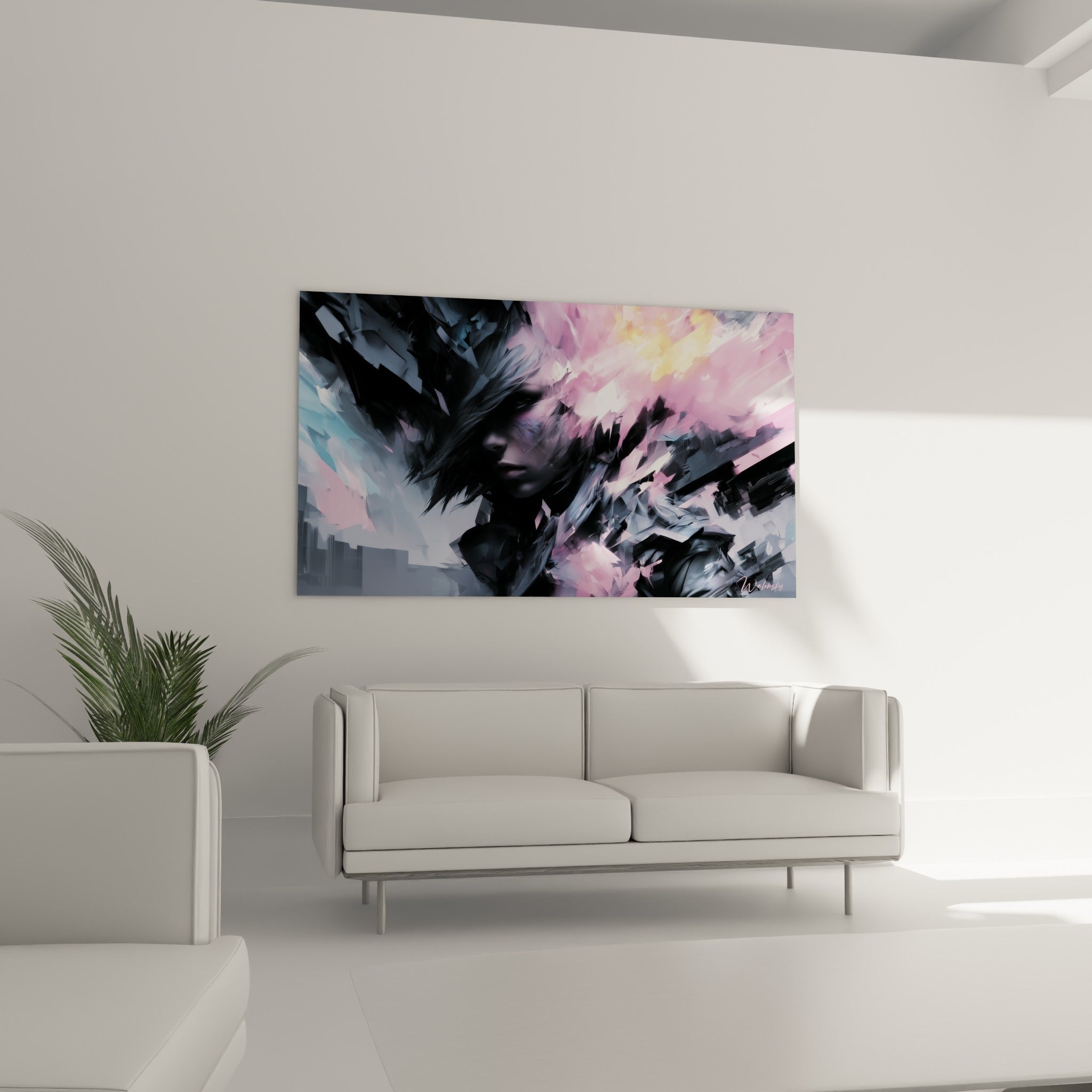 Visage abstrait fragmenté rose pastel et doré, au-dessus d'un canapé dans un salon lumineux