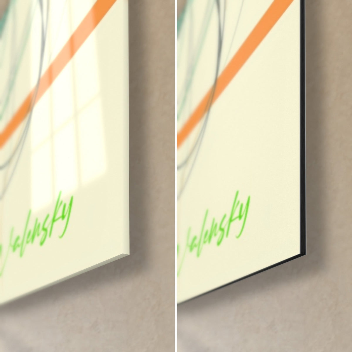 Tableau visage abstrait vert et orange, coin bas droit en verre brillant et alu Dibond mat, tranche noire de 3 mm, signature verte