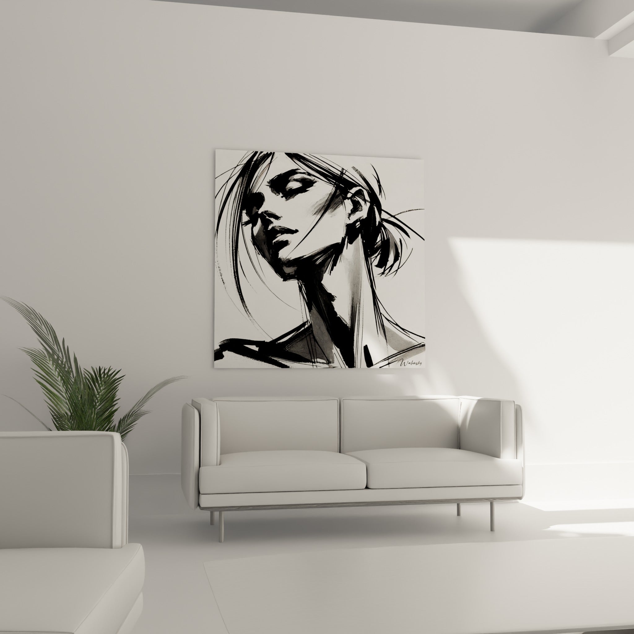 Silhouette gracile en noir et blanc, mèches virevoltantes, au-dessus d'un canapé dans un salon lumineux