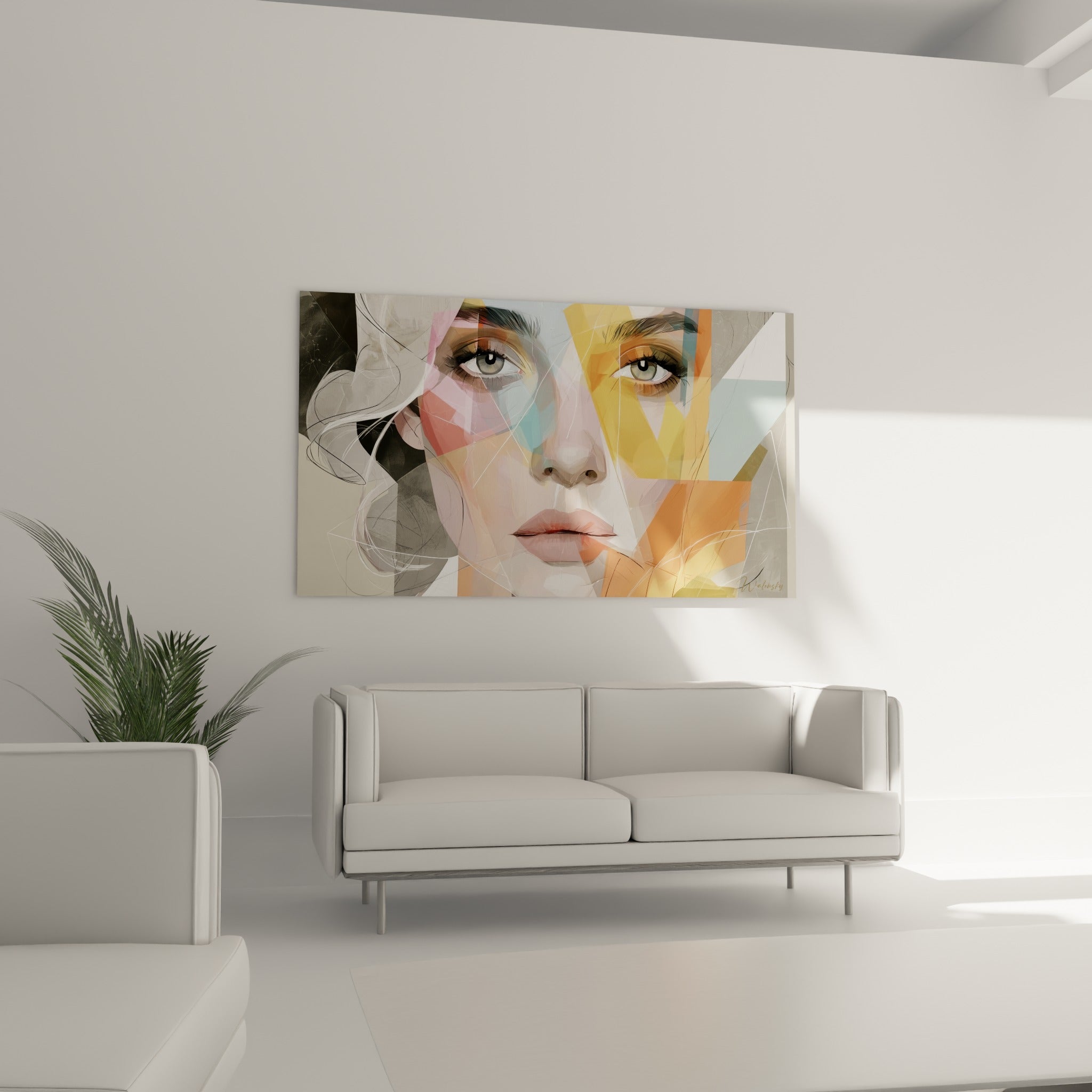 Regard intense du Visage abstrait mêlant bleu pastel et orange, au-dessus d'un canapé dans un salon lumineux
