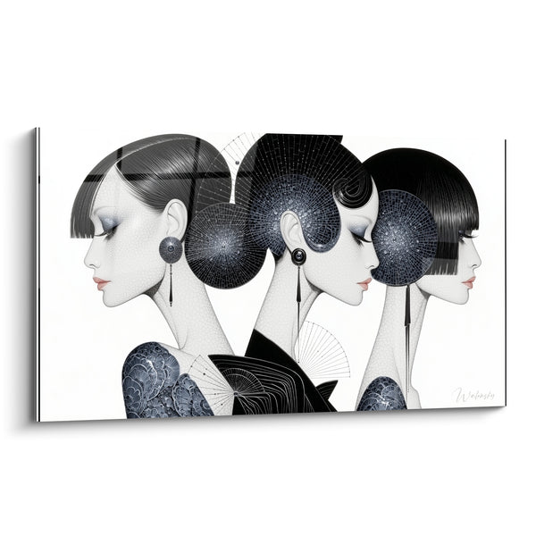 Tableau Trois profils noirs aux motifs graphiques - Silence élégant - Edition Visage abstrait