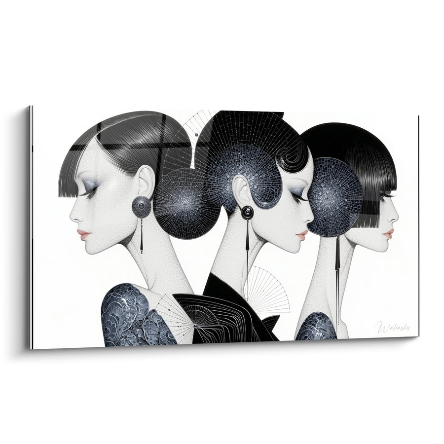 Tableau Trois profils noirs aux motifs graphiques - Silence élégant - Edition Visage abstrait