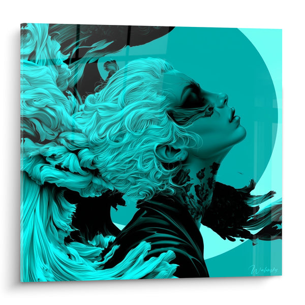 Tableau Portrait turquoise et noir chevelure sculptée - Souffle libérateur - Edition Visage abstrait