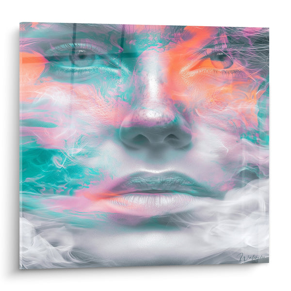 Tableau Visage nuageux aux teintes turquoise et corail - Apparition brumeuse - Edition Visage abstrait