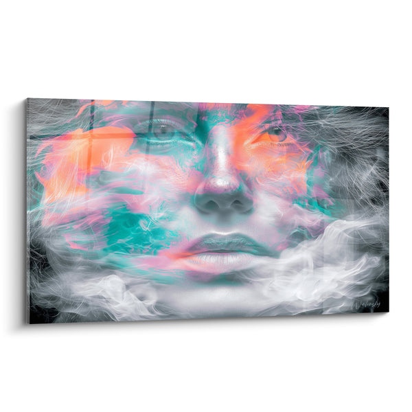 Tableau Visage enfumé aux reflets turquoise et corail - Songe évanescent - Edition Visage abstrait