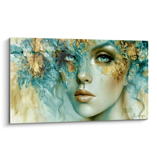 Tableau Visage féminin turquoise et doré fondu - Éveil silencieux - Edition Visage abstrait