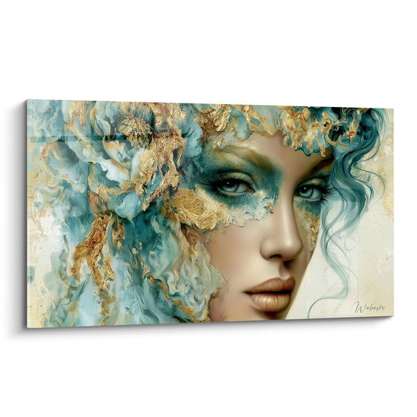Tableau Visage doré aux nuances turquoise et fluides - Apparition onirique - Edition Visage abstrait