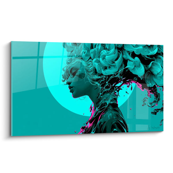 Tableau Silhouette turquoise aux mèches sculptées - Métamorphose liquide - Edition Visage abstrait