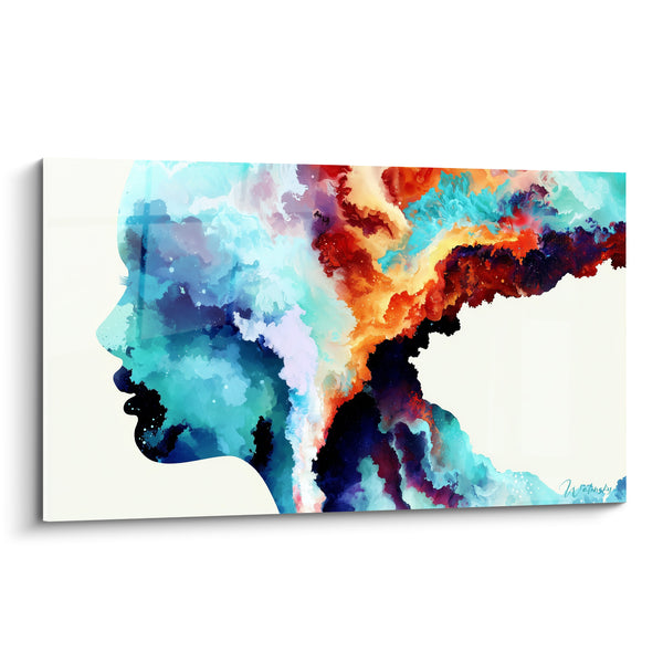 Tableau Profil turquoise aux volutes orange - Pensée en fusion - Edition Visage abstrait
