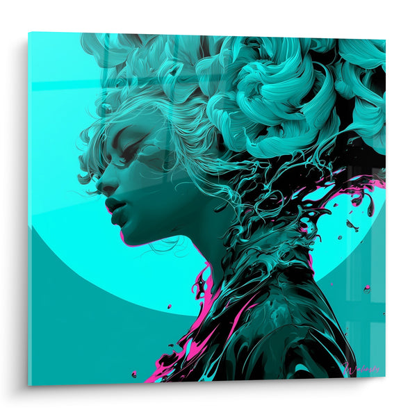 Tableau Silhouette turquoise aux boucles fluides - Métamorphose intérieure - Edition Visage abstrait