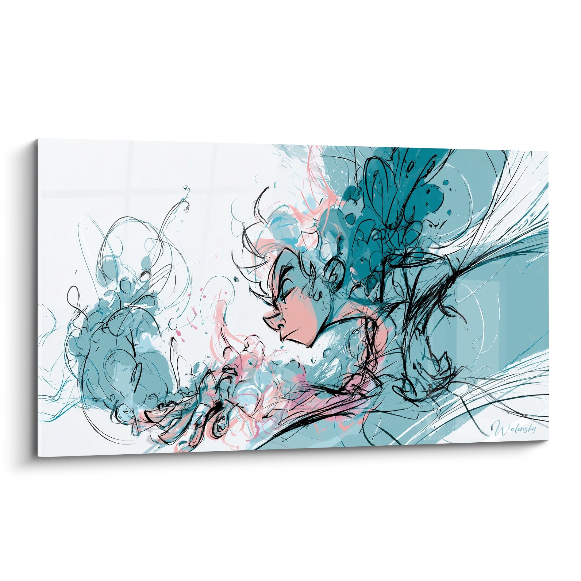 Visage abstrait esquissé en noir, turquoise et rose corail sur fond blanc épuré