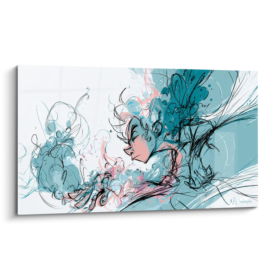 Tableau Profil turquoise et rose aux volutes esquissées - Lignes d'encre noire - Edition Visage abstrait